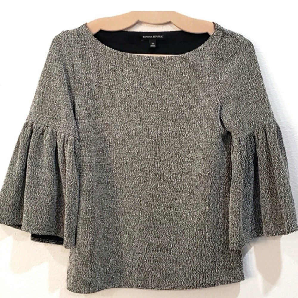 Banana Republic Bell Sleeve Tweed Top Grey Black Size XS